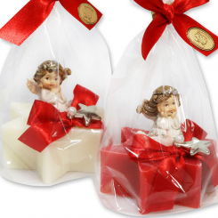 Schafmilchseife Stern 80g dekoriert mit Engel in Cello, Classic/Granatapfel 