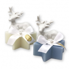 Schafmilchseife Stern 80g dekoriert mit Hirsch, Classic/Eisblume 