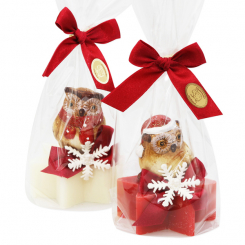 Schafmilchseife Stern 80g dekoriert mit Eule in Cello, Classic/Granatapfel 