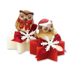 Schafmilchseife Stern 80g dekoriert mit Eule, Classic/Granatapfel 