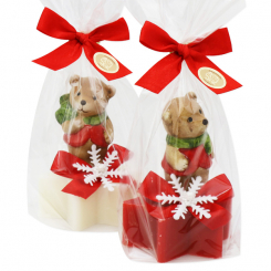 Schafmilchseife Stern 80g dekoriert mit Bär in Cello, Classic/Granatapfel 