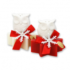 Sheep milk soap star 80g decorated with an owl, Classic/pomegranate 