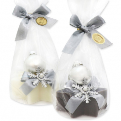 Sheep milk soap star 80g decorated with a christmas ball in a cellophane, Classic/christmas rose silver 