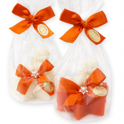 Schafmilchseife Stern 80g dekoriert mit Seifenengel 20g in Cello, Classic/Blutorange 