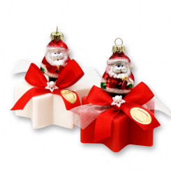 Sheep milk soap star 80g decorated with Santa, Christmas rose/pomegranate 