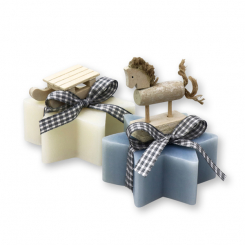Sheep milk soap star 80g decorated with a rocking horse and a sleigh, Classic/ice flower 