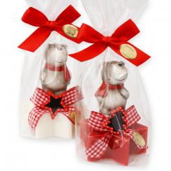 Sheep milk soap star 80g decorated with a bear in a cellophane, Classic/pomegranate 