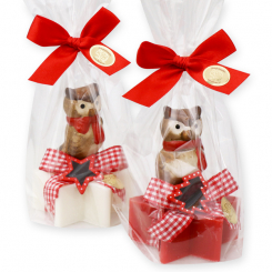 Schafmilchseife Stern 80g dekoriert mit Eule in Cello, Classic/Granatapfel 