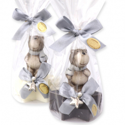 Sheep milk soap star 80g decorated with a bear in a cellophane, Classic/christmas rose silver 
