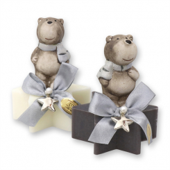 Sheep milk soap star 80g decorated with a bear, Classic/christmas rose silver 
