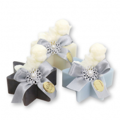 Schafmilchseife Stern 80g dekoriert mit Seifenengel 20g, sortiert 