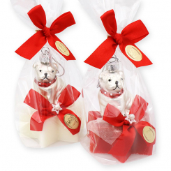 Schafmilchseife Stern 80g dekoriert mit Mops in Cello, Classic/Granatapfel 
