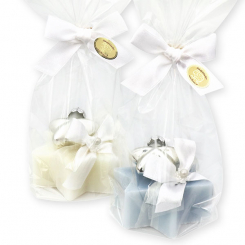 Schafmilchseife Stern 80g dekoriert mit Stern-Glashänger in Cello, Classic/Eisblume 