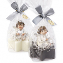 Sheep milk star soap 80g decorated with an angel in a cellophane, Classic/christmas rose silver 