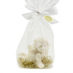 Schafmilchseife Engel liegend 20g, mit Goldhaar in Cello, Schneerose 