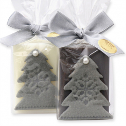 Sheep milk soap 100g decorated with a christmas tree in a cellophane, Classic/christmas rose silver 