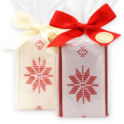 Schafmilchseife eckig 100g dekoriert mit Dekoband in Cello, Classic/Granatapfel 