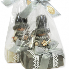 Schafmilchseife eckig 100g dekoriert mit Wollwichtel in  Cello, Classic/Christrose 