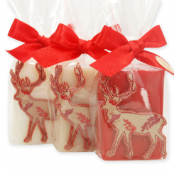 Schafmilchseife eckig 100g dekoriert mit Stoffirsch in Cello, sortiert 