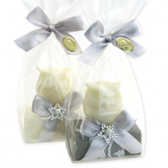 Sheep milk soap 100g decorated with a soap owl 50g in a cellophane, Christmas rose white/silver 
