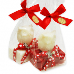 Schafmilchseife eckig 100g dekoriert mit Seife Eule 50g in Cello, Classic/Granatapfel 