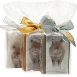 Sheep milk soap 100g decorated with a wolf ribbon in a cellophane, sorted 