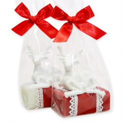 Schafmilchseife eckig 100g dekoriert mit Hirsch in Cello, Classic/Granatapfel 