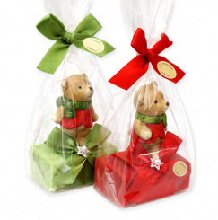 Schafmilchseife eckig 100g dekoriert mit Bär in Cello, Granatapfel/Eisenkraut 