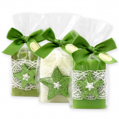 Schafmilchseife eckig 100g dekoriert mit Glitzerstern in Cello, sortiert 