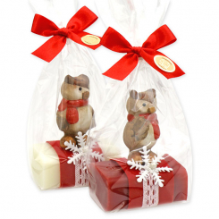 Schafmilchseife eckig 100g dekoriert mit Eule in Cello, Classic/Granatapfel 