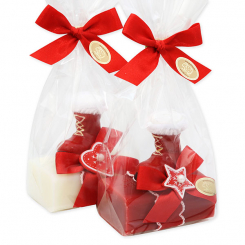 Schafmilchseife Seife eckig 100g dekoriert mit Stiefel in Cello, Classic/Granatapfel 