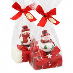 Sheep milk soap 100g decorated with a snowman in a cellophane, Classic/pomegranate 