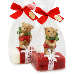 Sheep milk soap 100g decorated with a bear in a cellophane, Classic/pomegranate 