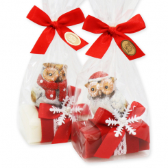 Schafmilchseife eckig 100g dekoriert mit Eule in Cello, Classic/Granatapfel 