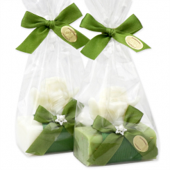 Schafmilchseife eckig 100g dekoriert mit Seifenengel 25g in Cello, Classic/Eisenkraut 