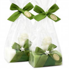 Schafmilchseife eckig 100g dekoriert mit Seifenengel 20g in Cello, Classic/Eisenkraut 