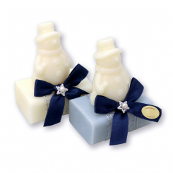 Schafmilchseife eckig 100g dekoriert mit Seife Schneemann 40g, Classic/Eisblume 