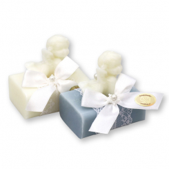 Schafmilchseife eckig 100g dekoriert mit Seifenengel 20g, Classic/Eisblume 