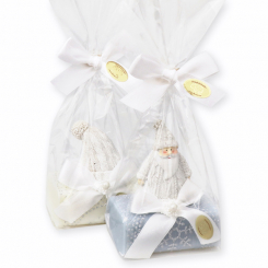 Schafmilchseife eckig 100g dekoriert mit Weihnachtsfigur in Cello, Classic/Eisblume 