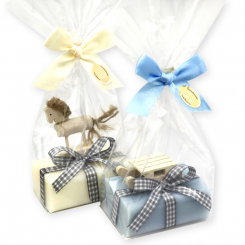 Sheep milk soap 100g decorated with a rocking horse in a cellophane, Classic/ice flower 