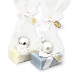 Schafmilchseife eckig 100g dekoriert mit Glaskugel in Cello, Classic/Eisblume 