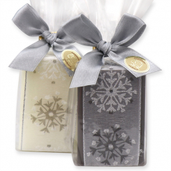Sheep milk soap 100g decorated with snow flake ribbon  in a cellophane, Classic/christmas rose silver 