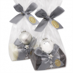 Sheep milk soap 100g decorated with a christmas ball in a cellophane, Classic/christmas rose silver 