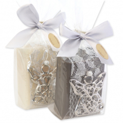 Sheep milk soap 100g decorated with an angel in a cellophane, Classic/christmas rose silver 