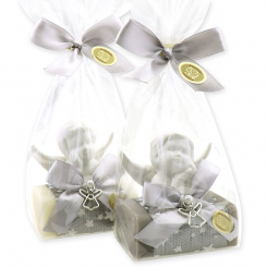 Sheep milk soap 100g decorated with an angel in a cellophane, Classic/christmas rose silver 