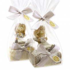 Sheep milk soap 100g deocrated with an angel in a cellophane, Christmas rose white/silver 