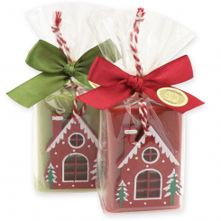 Sheep milk soap 100g decorated with a house in a cellophane, Verbena/pomegranate 