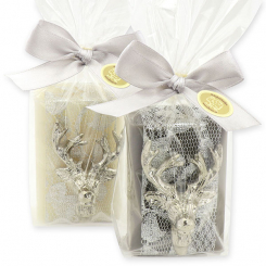 Sheep milk soap 100g decorated with a deer head in a cellophane, Classic/christmas rose silver 
