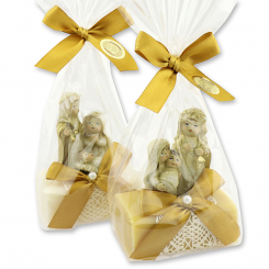 Sheep milk soap square 100g decorated with nativity figure in a cellophane bag, Classic/swiss pine 
