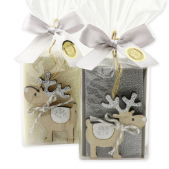Schafmilchseife eckig 150g dekoriert mit Hirsch verpackt in Cello, Classic/Christrose 